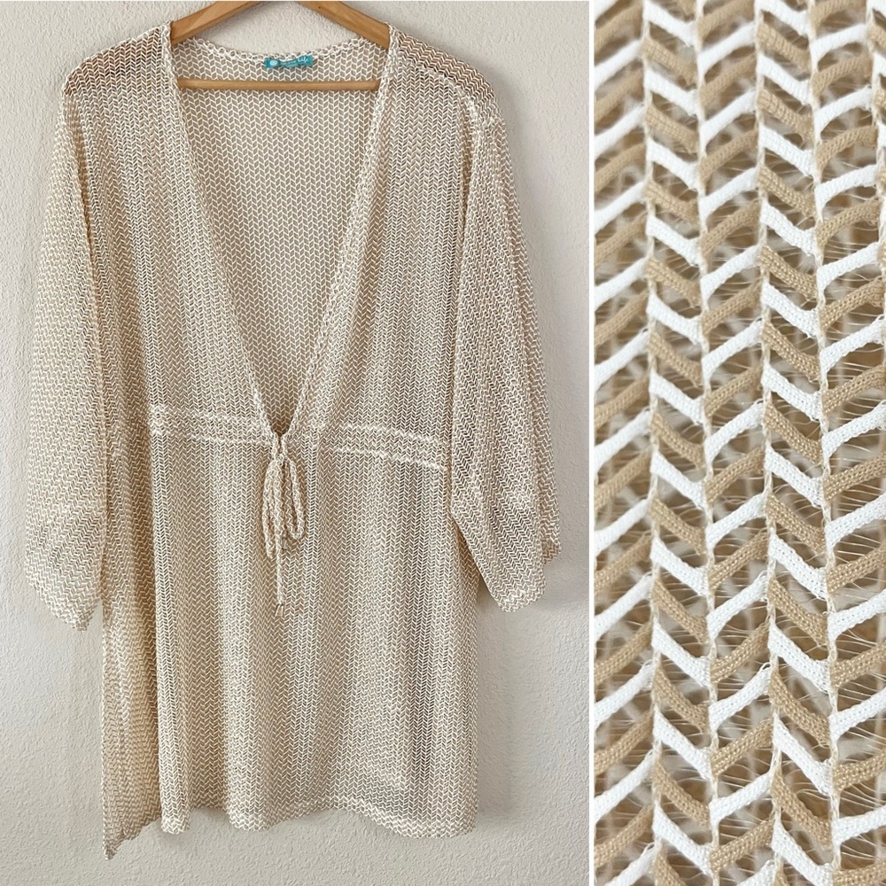 Plus Size Tunic Swim Cover-Up 2X Tie Waist Kimono Sleeve Neutral Vacation Beach